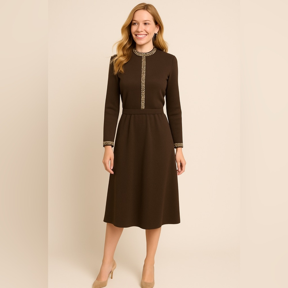 Vintage St. John Evening Santana Knit Midi Brown Beaded Dress 80's Sz 4 EUC